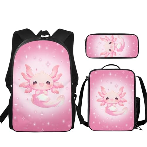 Pink Axolotl Print Kids School Book Bag Sets, Backpack with Lunch Box Pen Case 3 Packs for Girls Boys Toddler