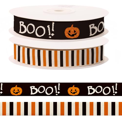 2 Rolls Halloween Ribbon for Crafting Sewing 5/8 Inch Boo Pumpkin Ribbons for Gift Wrapping Hair Bow Accessories