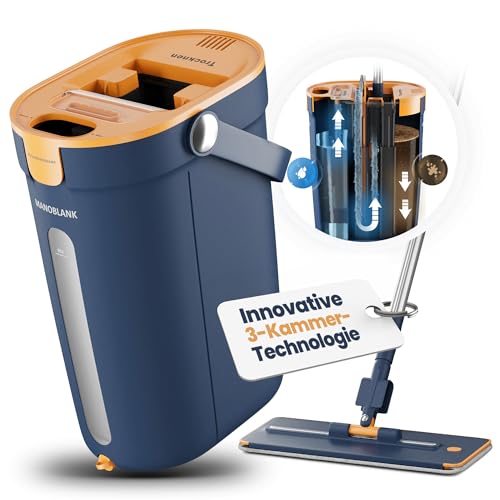 Manoblank Wischmopp Set mit Eimer – Bodenwischer, Wischer Boden, Mop Set mit 3-Kammer-System, Nasswischer mit Auswringfunktion und Putzeimer, Mikrofaserpads & Wandhalterung
