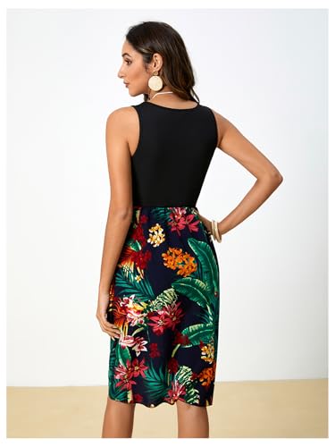 Image of GORGLITTER Women's Tropical Print Knot Side Wrap Hem Vacation Tank Dress