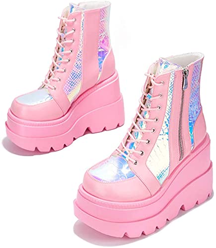 Erocalli Platform Boots Ankle Boots for Women Goth Boots Combat Wedge Chunky Platform Boots Square Toe Lace Up Zip High Heel Women Booties