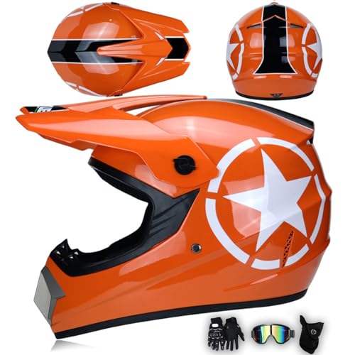 MODRYER Casco Cross E off-Road Uomo Donna ECE Casco da Motocross Casco da Motocicletta Fuoristrada Integrale con Occhiali Guanti Maschera, per ATV Downhill Offroad BMX MTB Scooter,Orange-L