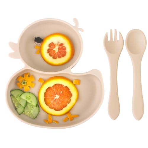 Qshare Baby Suction Plate With Spoon and Fork - Non-Slip Self Feeding Training Divided Weaning Plate for Toddler (Beige)
