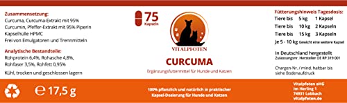 Vitalpfoten 75 Curcuma Kapseln für Hunde und Katzen mit Curcumin und Piperin, Ergänzungsfuttermittel sanfte Dosierung, Herstellung in Deutschland, höchste Reinheit und Qualität