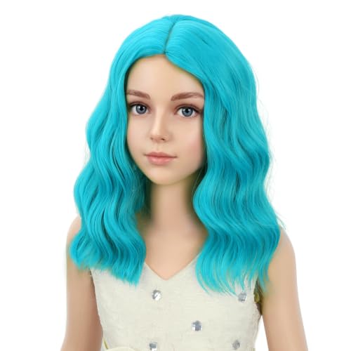 Image of PATTNIUM Girls Blue Green Short Curly Wavy Wigs Kids Side Part Shoulder Length Heat Resistant Synthetic Wig Halloween Cosplay Costume Party Wigs