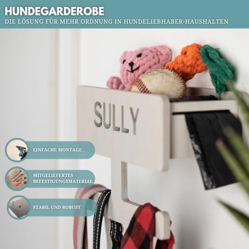 INEXTERIOR – Hundegarderobe personalisierbar mit Ablage & Leinenhalter in Hellgrau - Hundezubehör Dogstation für Hundeleinen, Spielzeug & Leckerlis aus Birkenholz - Mit Kotbeutelspender & Montagekit