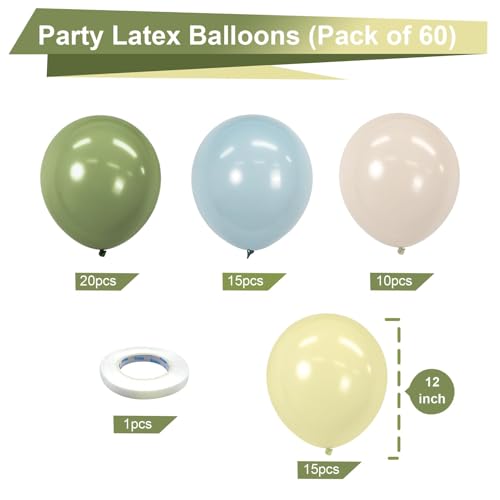 Image of Dusty Blue Sage Green Pastel Yellow Latex Balloons Kit 60pcs 12-in | Light Baby Blue Olive Green Butter Yellow Helium Balloons with 1 ribbon for Kids Birthday Wedding Baby Shower Party Decor