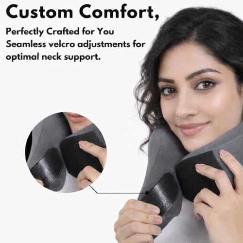 Image of HEVEA Travel Neck Pillow with Eye Mask,100% Memory Foam & 360 Degree Neck Support Pillow for Flight, Car, Bus,Train Travel, Adjustable Velcro, Washable Velvet Cover, Free Travel Pouch..(Gray)