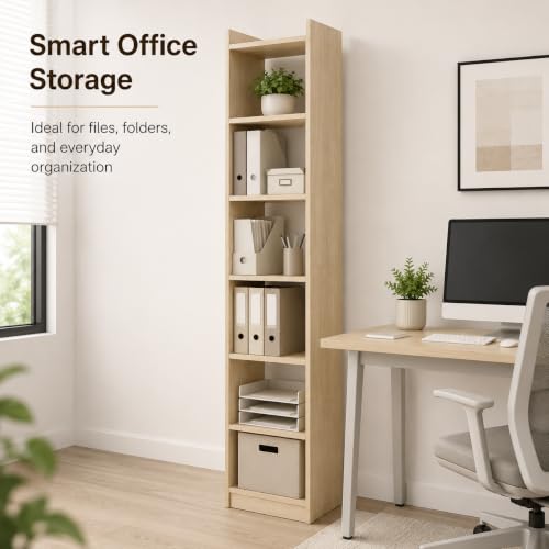 Image of FURLAY SlimTower 180 cm Tall Bookshelf, 6-Tier Slim Open Shelf Organizer, Space Saving Book Rack for Bedroom, Study Room, Living Room, Office, Kids Room & Decor Storage (FWBS7L-Classic Oak)