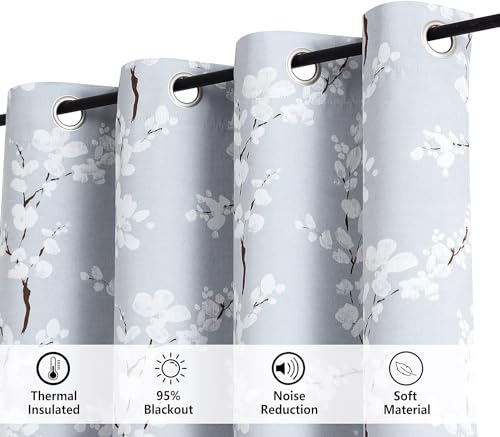 Image of BFAM Floral Print 100% Blackout Curtain with Black Linning at Back, Floral Print Curtains for Living Room /Bedroom Thermal Insulated Energey Saving Blossom Curtain, Pack of 1 Curtain