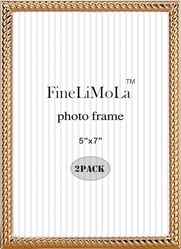 FineLiMoLa 5x7'' Gold Rope Design Metal Picture Frames 2 Pack with Hi Quality Velvet Backing and Real Glass Front, Gold Photo Frame 7x5'' for Desktop Display Or Wall Hanging