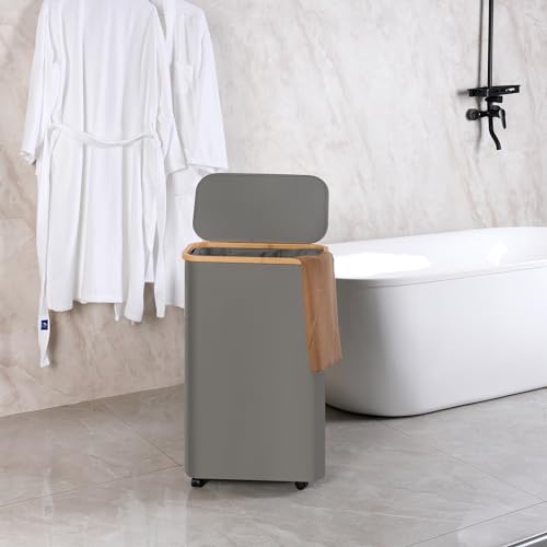 Image of efluky Slim Laundry Basket with Wheels, Narrow Rolling Laundry Hamper with Lid and Removable Bag, Tall Aesthetic Dirty Clothes Hamper on Wheels for Laundry Room, Bedroom, Dorm and Bathroom, 75L Grey