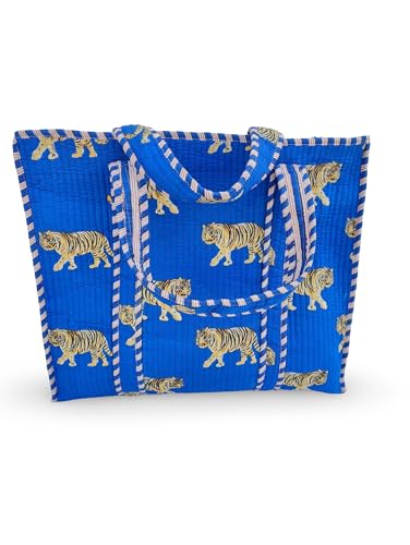 Image of Cotton Tiger Block Print Tote Bag, Indian Handmade Shopping Shoulder Bag, Unisex Market Daily Use