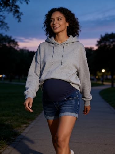 Image of PACBREEZE Women's Maternity Jean Shorts Over Belly Stretch Denim Shorts Trendy Summer Pregnancy Clothes