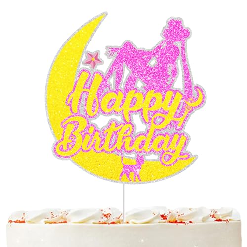 Moon Cat Happy Birthday Cake Topper Glitter Moon Girls Sailor Party Decorations for Birthday