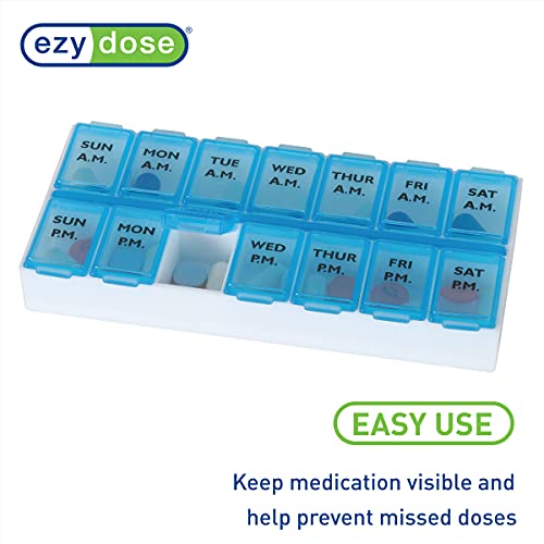 Image of Ezy Dose Weekly (7-Day) AM /PM Pill Organizer, Medium Medicine Case, Blue | Daily Vitamin Box & Supplement Planner, Pop-Up Lids, 2 Times a Day Compact Pill Holder, Portable & Travel-Friendly, BPA-Free