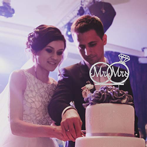 Mr & Mrs Cake Topper For Wedding Anniversary Rings Crystal Rhinestone Party Decoration (Silver) #TOP4