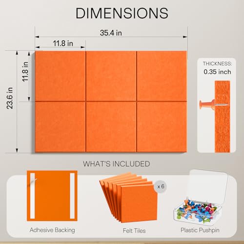 Image of MaxGear Felt Bulletin Board 36 inch x 24 inch, Orange Felt Wall Tiles Push Pins