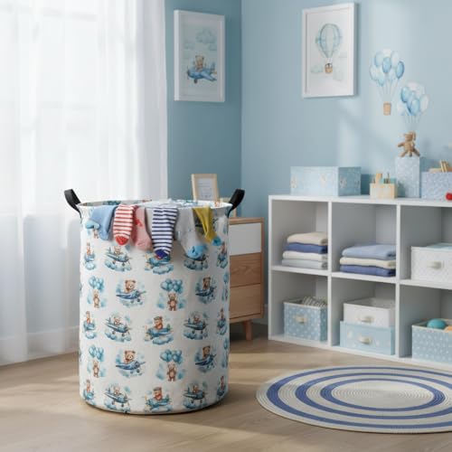 Image of Baby Laundry Basket Baby Hamper for Nursery Girl Kids Butterfly Hamper Cute Storage Bin Organizer Butterfly Room Decor for Home(Bear Pilot)
