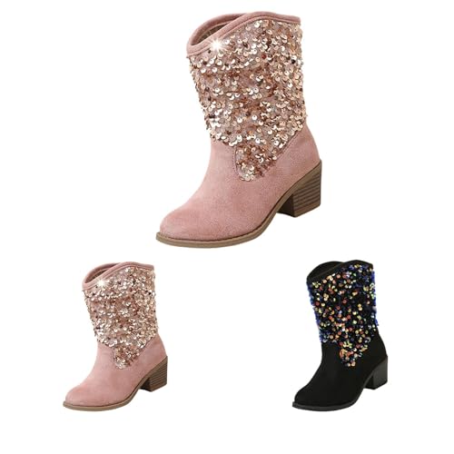 Girls Western Cowboy Boots Glitter Sequin High Heel Fashion Non-𝐒lip CowgirlRiding Boots Princess Dress Shoes
