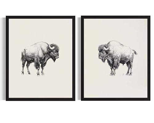 Buffalo Black and White Art Print Poster, Vintage Sketch Drawing