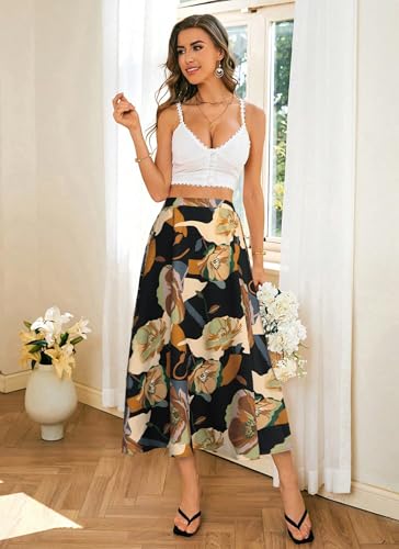 POPZONE Women's Midi Skirts Boho Fall Summer Flowy Elastic High Waist Floral Below The Knee Long Skirts for Women3