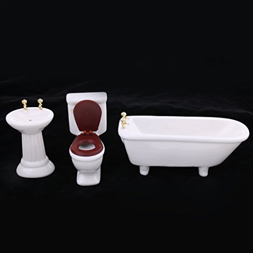 Fenteer 1/12 Puppenhaus Badezimmer Möbel - Mini Badewanne + Waschbecken + Toilette - 3tlg/Set – Bild 8