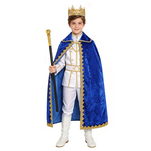 Kosgraiy Kids King Costume Blue King Cape and Crown Scepter Kings Robe Kids Halloween Costume Kings Outfit for Boys M/41inch