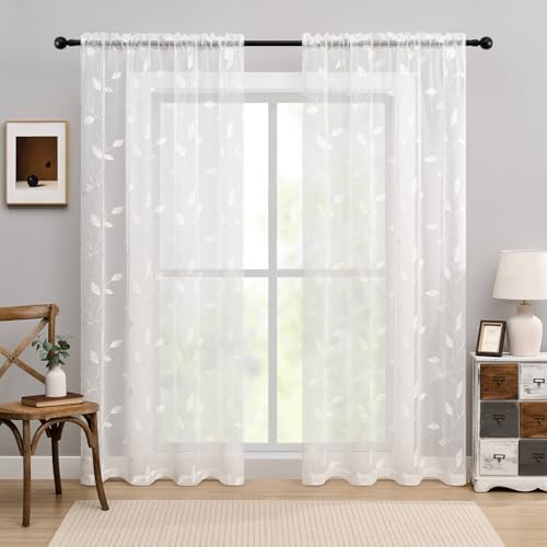 White Sheer Curtains 84 Inches Long 2 Panels Vines and Leaves Emb...