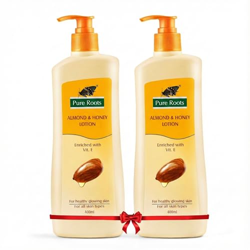 Image of Pure Roots Body Lotion Honey & Almond 400ml - Pack of 2 - Nourishing Body Lotion All Skin Types, Instant Hydration In Summer, Fast Absorbing and Non-sticky Moisturizer for Men & Women