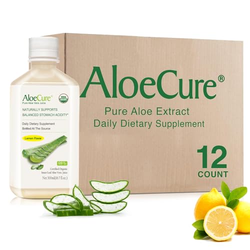 AloeCure USDA Organic Aloe Vera Juice Lemon Flavor - Made Within 12 Hours of Harvest - Natural Digestive Supplement for Balanced Stomach Acidity - Support Digestive and Immune Health, 12 Btls x 16.7oz