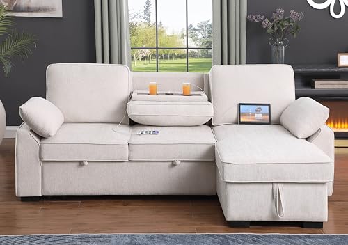 L-Shaped Pull Out Sleeper Sofabed, Modern Reversible Sleeper Sectional Sofa Chenille Upholstered Button Tufted Sofa&Couch with Storage Chaise, Drop-Down Cup Holders and Charging Ports (USB & Type-C)