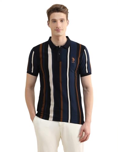Image of U.S.Polo Association Men's Vertical Striped Colorblocked Slim Fit Polo Shirt