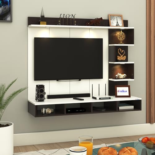 Image of Anikaa Kasey Engineered Wood Wall-Mount TV Unit with PVC Back Panel & LED Lights | TV Cabinet with Storage Box & Decorative Shelves (Wenge /White) Ideal for TVs up to 55 Inch | DIY Installation