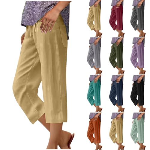 Capri Pants for Women Linen Pants Summer Casual Drawstring Elastic Waist Wide Leg Cropped Trouser with Back Pockets