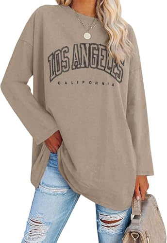 Ebifin Oversize Langarmshirt Damen Longshirt Rundhalsausschnitt Los Angeles Oberteil Langarm T Shirts Pullover Basic Tunika Tee Tops.Khaki.XXL