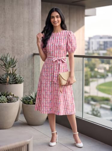 Image of HELLCAT Women Floral Fit & Flare Midi Dress | Round Neck, Puff Short Sleeve, Waist Tie-Up Belt | Casual Brunch Wear, Western One Piece, A-Line Long Frock, Summer Party Outfit