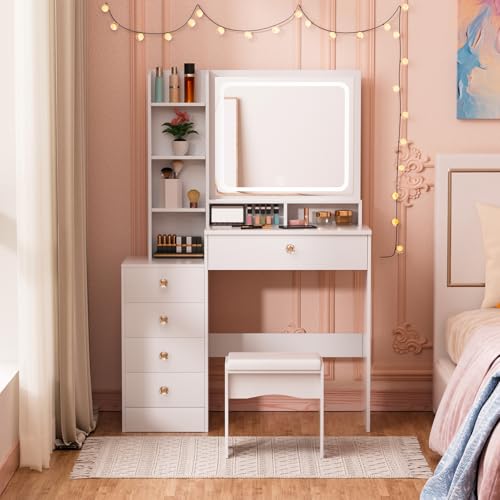 Saterkali Tocador con luces LED y brillo ajustable, 5 cajones y 3 luces de color, escritorio de tocador con espejo, escritorio de maquillaje para dormitorio, mesa de maquillaje moderna con espejo y