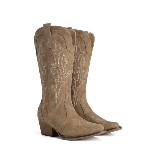 Image of DREAM PAIRS Women's Cowboy Cowgirl Western Boots | Embroidered Pointed Toe Low Heel Mid Calf Boot for Theme Party Country Concert