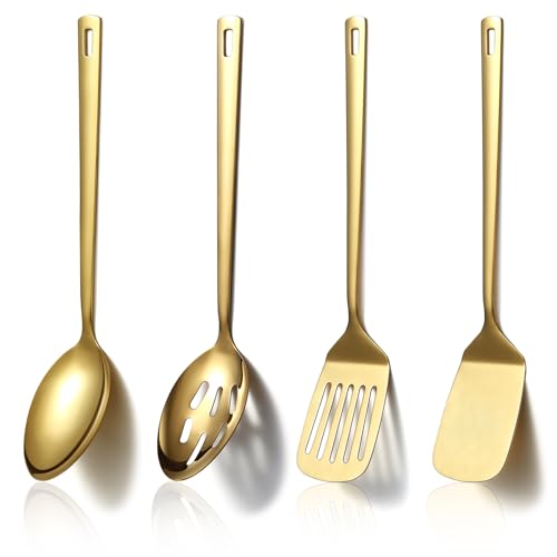 Homquen Conjunto de Utensilios de Cocina Gold 4 Piezas, Conjunto de Cocina de AceroInoxidable Chapado en Titanio, Espátula de Herramientas de Cocina, Cucharas de Cocina, Accesorios de Cocina