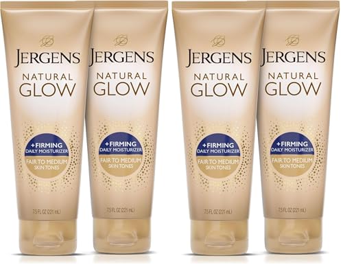 Image of Jergens Natural Glow +Firming Self Tanner Body Lotion, Fair to Medium Skin Tone, Sunless Tanning Moisturizer with Collagen and Elastin. Helps to Visibly Reduce Cellulite, 7.5 Fl Oz (Pack of 4)