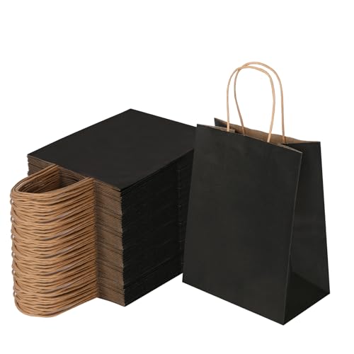 Joybe 100 Pack 8x4.75x10 Inch Medium Black Kraft Paper Bags with Handles Bulk Craft Paper Gift Bags for Party Favors Grocery Retail Shopping Business Goody Merchandise Take Out Blank Sacks (100pcs)