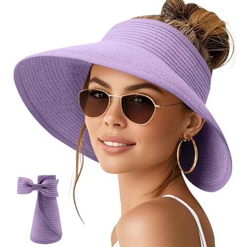 Image of NPQQUAN Sun Visor Hats for Women Wide Brim Ponytail Straw Beach Hat Packable Foldable UPF 50+ Floppy Travel Hats