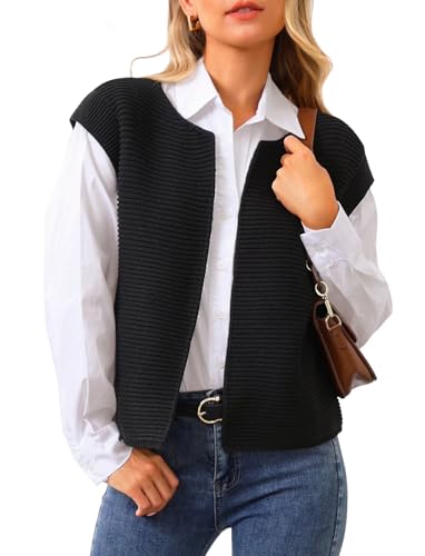 Image of TZLDN Womens Sweater Vest Tops Sleeveless Open Front Cardigan Cap Sleeve Round Neck Knit Crop Tops Casual Work Tank