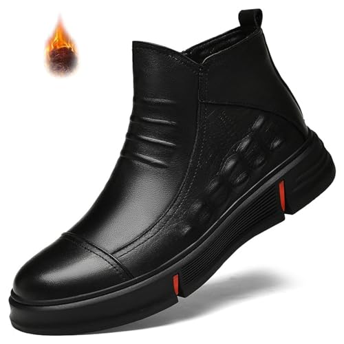 Men Casual Black Italian High-top Leather Boots Alligator Printed Business Chelsea Chukka Ankle Booties Fall Winter Wool Warm Side Zipper