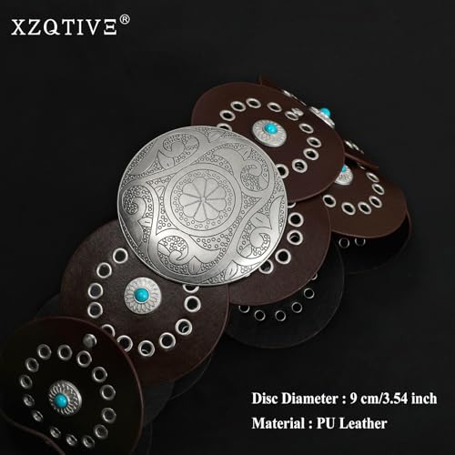 Image of XZQTIVE Western PU Leather Belts for Woman Concho Cowgirl Cowboy Disc Belt for Ladies Wide Boho Country Waist Belts for Dress