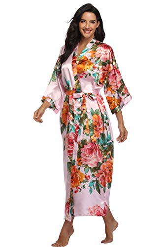 Image of Women Silk Kimono Robe Long Floral Bridesmaids Robes Satin | Wedding Party Bridal Getting Ready Robe Lightweight Dressing Gown Loungewear Sleepwear