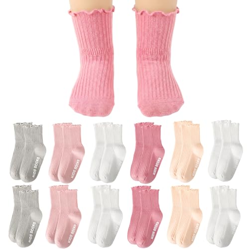 Image of scenicamp 12 Pairs Baby Toddler Girls Socks with Grips Cute Ruffle Cotton Non Slip Grippy Socks for Kids Baby Toddler Girls