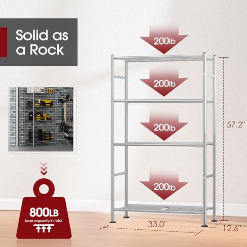 Storage Shelves - 4 Tier Shelf Organizer, Heavy Duty Garage Shelving Unit with Leveling Feet, Stable Metal Shelves Organizer for Pantry, Kitchen and Closet, 33.0" W x 12.6" D x 57.2" H, Silver