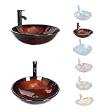 Elecwish Bathroom Vessel Sink with Faucet Mounting Ring and Pop Up Drain, Tempered Glass Basin, 16.5